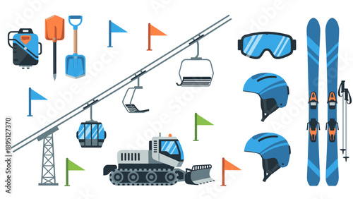 Ski resort equipment in flat style: cable car, snow groomer, skis and gear