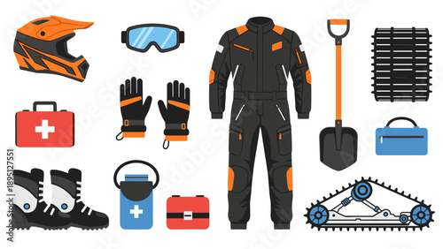 Motocross gear and equipment set with protective suit and tools
