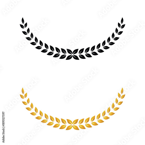 Elegant laurel footer ornament for premium badges – A graceful half-laurel composition that adds a prestigious finishing touch to round badges, seals, and labels with elegant symmetrical balance