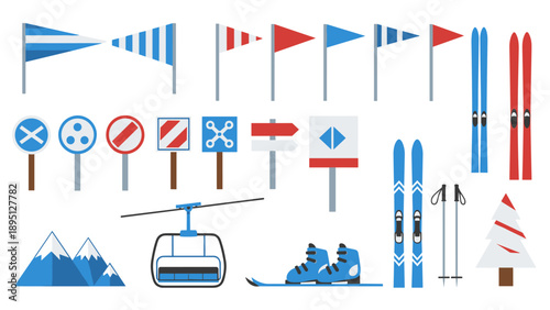 Minimalist ski resort icons set featuring equipment and signage