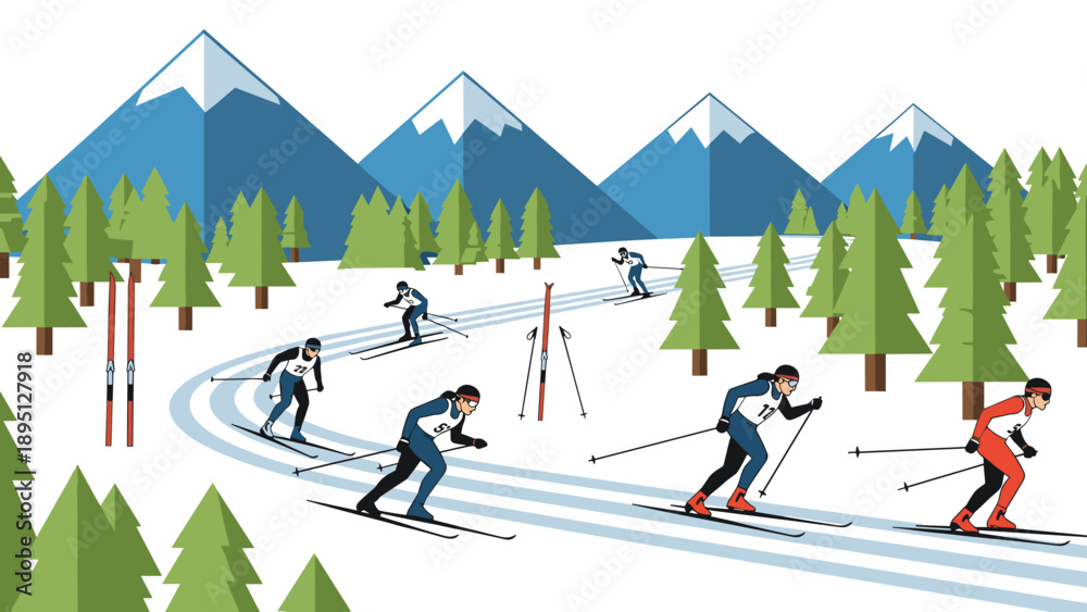 Fototapeta premium Winter race in the mountains: cross country skiing adventure with competitive athletes