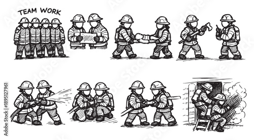 Illustration depicts firefighters engaging in teamwork, demonstrating different rescue actions in black and white sketch style, ideal for emergency services concepts.
