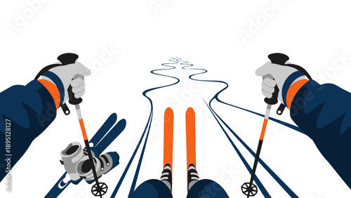 Pov skiing adventure: ski equipment and snowy trails in flat design