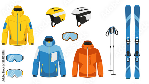 Winter sports gear set featuring ski jackets, helmets, goggles, poles, and skis in flat design