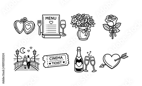 Collection of romantic icons for Valentine's Day, anniversaries, and love celebrations