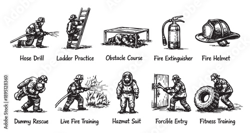 Black and white sketch illustration showing firefighter training exercises, including hose drill, ladder practice, hazmat and rescue. Vector art for training, safety or education.
