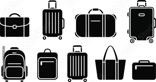 Various black silhouette icons illustrating a comprehensive range of travel bags and modern wheeled luggage