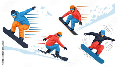 Dynamic snowboarding action: colorful flat design with speed and energy