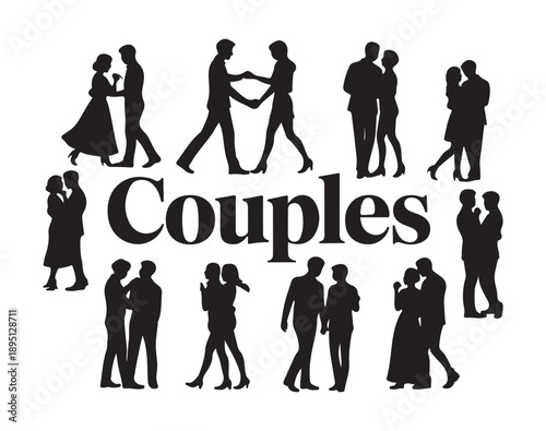 Comprehensive collection of people silhouettes showing couples in various interaction and walking poses