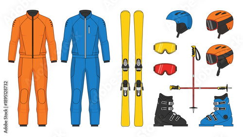 Winter sports gear set with skiwear and accessories for outdoor adventure