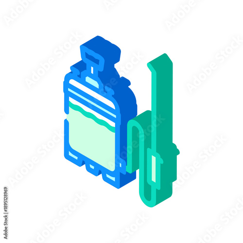 Garden pesticide sprayer isometric icon illustrating pest control, agriculture care, and chemical application for plant protection and farming with a tank and hose