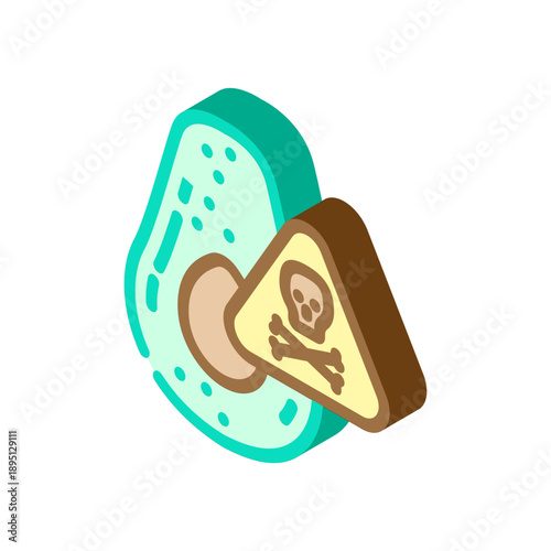 Avocado fruit slice displaying a skull and crossbones warning sign, symbolizing danger, toxicity, and potential poison when consuming food not safe for all