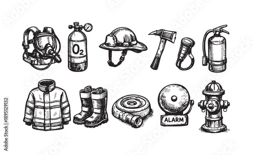 Hand drawn illustration of firefighter equipment, including an oxygen tank, helmet, axe, fire hose, and alarm bell, isolated on a clean white background.