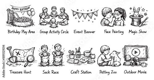 Line art drawing featuring various party activities like face painting, treasure hunt, sack race and petting zoo, perfect for flyers and event promotions.