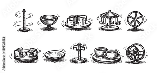 Hand-drawn sketch illustration of a collection of amusement park rides, including a spinning top, teacups, and merry-go-round on a white background.
