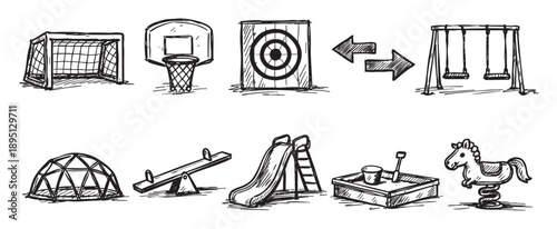 A set of playground equipment illustrations, including a swing, slide, sandbox, and more, hand-drawn in a sketch style for playful designs.