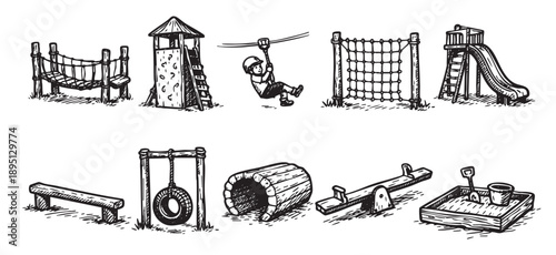 Black and white vector sketch of various playground equipment, including a bridge, tower, zipline, net, slide, bench, tire swing, tunnel, seesaw, and sandbox.