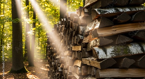Stack of chopped firewood in forest with sunlight filtering through trees  woodpile