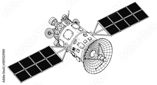 Satellite in orbit with solar panels illustration, vector artwork of a spacecraft in outer space, conceptual art for space exploration