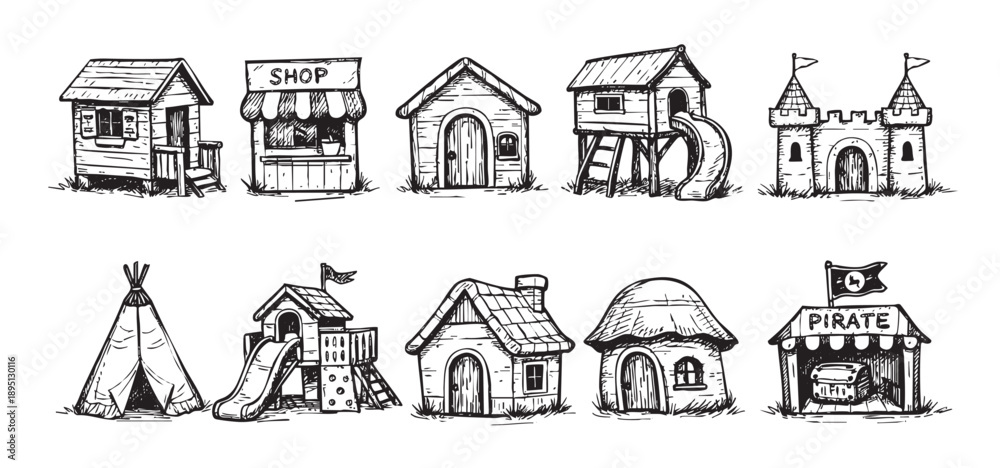 Naklejka premium Fun collection of cartoon playhouses and forts, line art style, featuring a castle, shop, pirate hideout and tent, great for kids' designs.