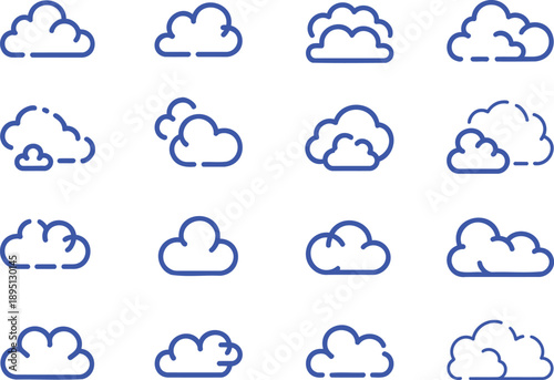 Collection of blue outline cloud on white background