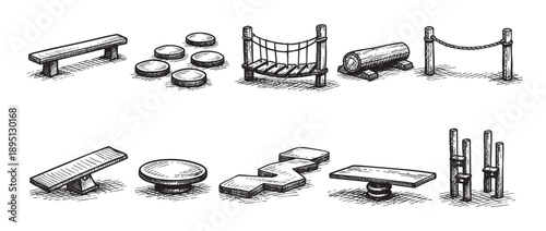 Black and white sketch illustrations showcasing playground obstacles, ideal for creative projects, educational material, and promoting outdoor fun.