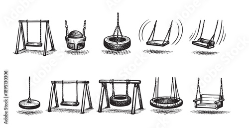 An illustration showing several variations of swings, including tire and disc swings, in a hand-drawn style on a white background.