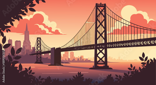 Golden Gate Bridge in San Francisco skyline vector illustration at sunset with warm orange and red tones, scenic view through foliage