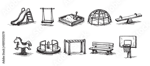 A collection of hand-drawn playground equipment icons including a slide, swing, sandbox, merry-go-round, and seesaw on a white background.
