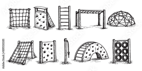 Black and white sketch illustration of various playground equipment including climbing frame, ladder, monkey bars, dome, and tires.