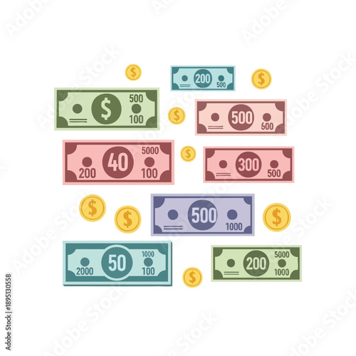 Colorful Banknotes and Coins Illustration