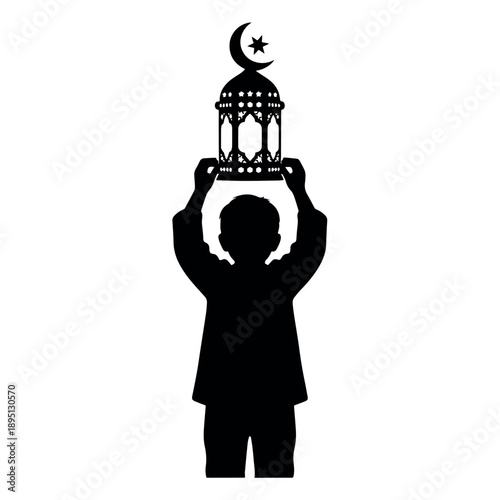 Child silhouette holding a Ramadan lantern aloft, symbolizing light, hope, and festive illumination during Islamic celebrations.