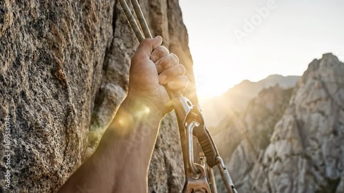 Rock Climber Holding Rope with Carabiner