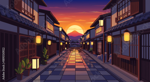 Beautiful Vector Illustration of a Japanese Street at Sunset with Fuji Mountain View
