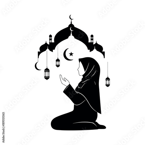 Muslim woman in hijab praying under an Islamic arch, surrounded by lanterns and crescent moon, silhouette of devotion and spirituality