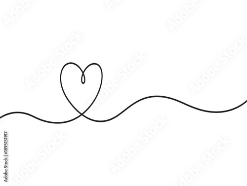 Elegant single line drawing of a heart shape with a flowing tail on a white background