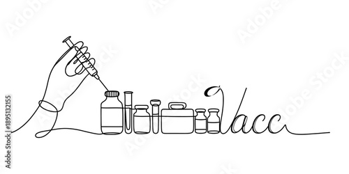 Continuous line art drawing of vaccination process with syringe, vial and test tubes isolated on white background, Vector, illustration