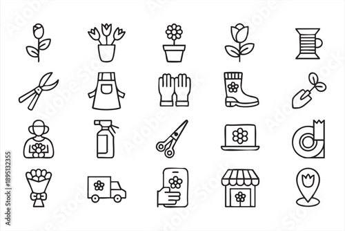 Florist Delivery And Flower Care Line Art Icons