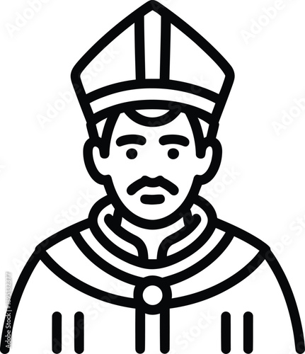 Pope Character Vector Illustration with Mustache and Mitre Hat – Minimalist Clergy Portrait Icon for Religious Design