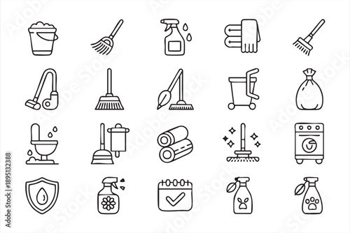 Simple Cleaning Tools Vector Icons for Hygiene and Sanitation Concepts