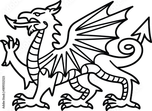 Welsh Dragon outline illustration in black and white minimalist style isolated on white background