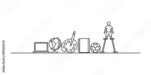 A collection of line icons representing various childhood activities and educational concepts isolated on white background, Vector, illustration