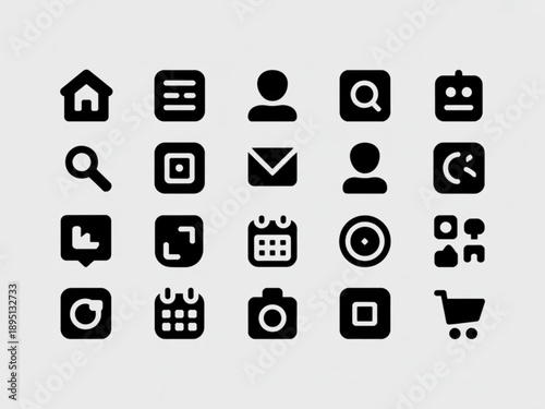 Clean, rounded black glyph icons for user interface design, featuring common web and app symbols.