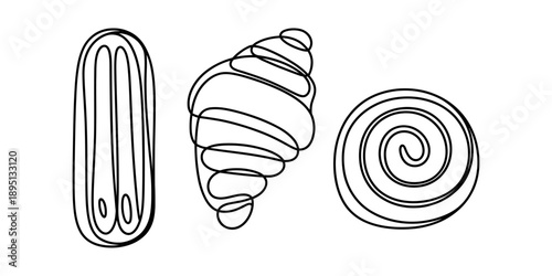 Minimalist black and white continuous line drawing of baked goods like croissant and cinnamon roll Vector, illustration