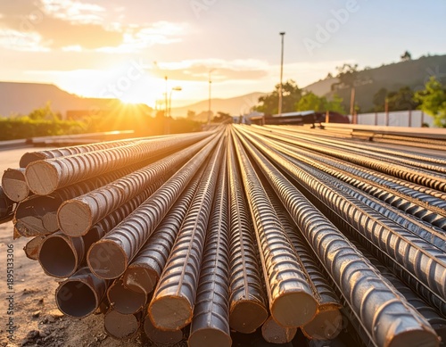 Wallpaper Mural Rebar bundles stacked on construction site at sunset Torontodigital.ca