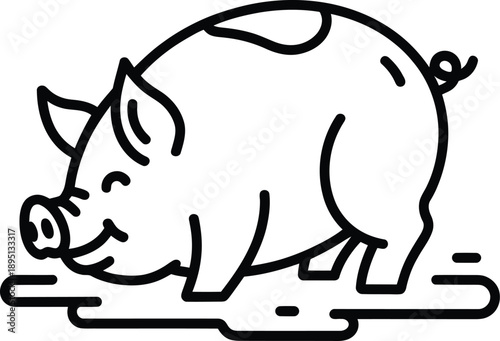 Pig in a mud puddle line art illustration of a happy farm animal on white background