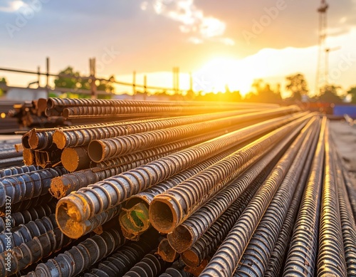Wallpaper Mural Steel rebar piles at a construction site illuminated by warm sunset light Torontodigital.ca