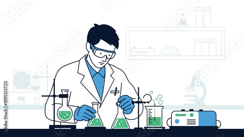 Scientist in Lab Coat Conducting Chemical Experiment with Flasks and Beaker