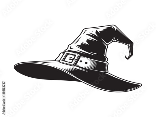 Vintage style illustration of a classic pointed witch hat with a decorative buckle design