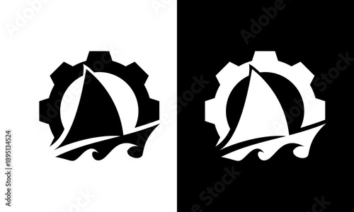 Sailboat emblems on gear shapes, symbolizing innovation and sailing, in a dual-tone illustration showcasing design and maritime themes.